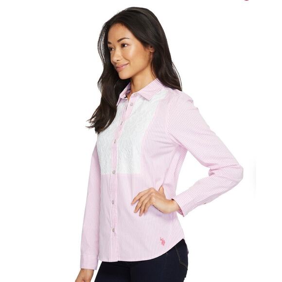 U.S. Polo Assn. Pink Pinstripe Lace Button Down Shirt M - Picture 2 of 13